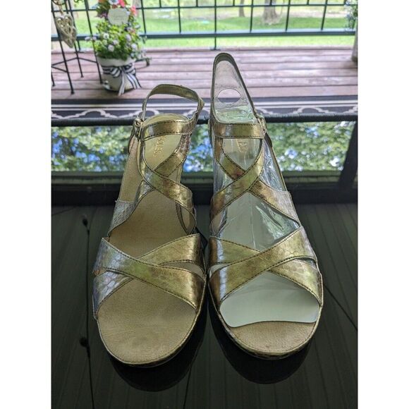 Aerosoles Sandal Women's 11M Bakers Dozen Gold Ankle & Criss Cross Straps Wedge - Picture 1 of 16